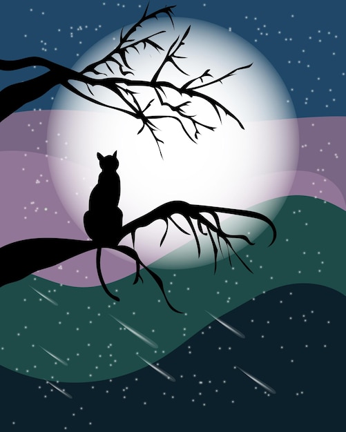 Silhouette De Paysage De Nuit D'illustration D'un Chat Noir Sur Une Branche D'arbre Et La Lune