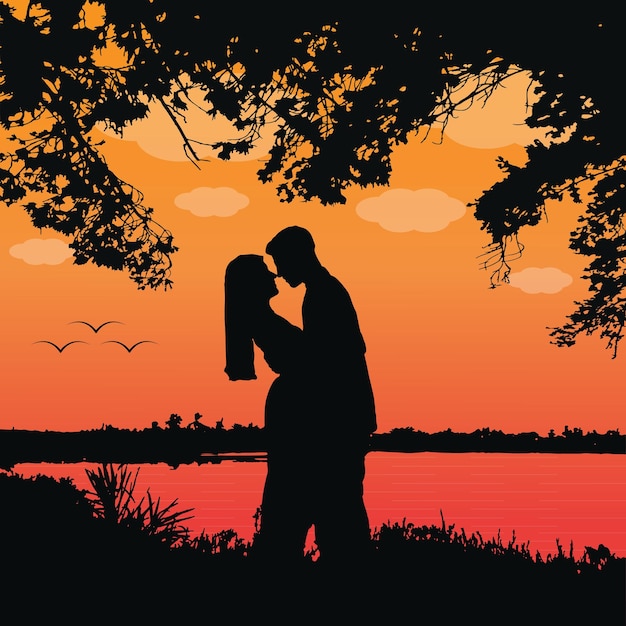 Silhouette De Paysage Romantique De Couple Heureux Dans Le Paysage De Vecteur Nature Coucher De Soleil