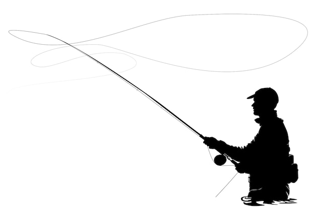Silhouette d'un pêcheur avec une canne à pêche