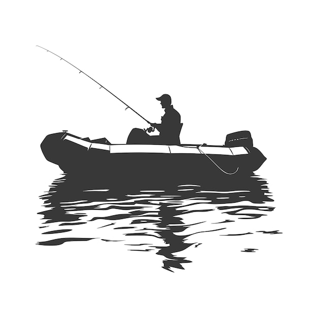 Vecteur silhouette de pêcheur pêchant à l'aide d'un bateau gonflable