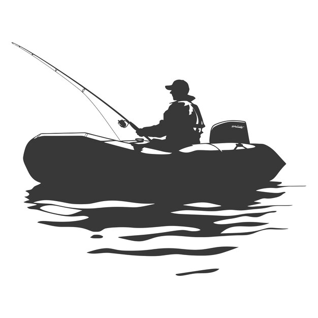 Vecteur silhouette de pêcheur pêchant à l'aide d'un bateau gonflable