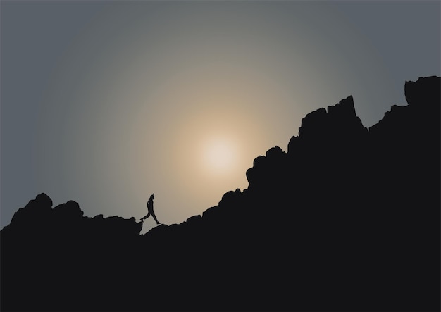 silhouette d'une personne au sommet de l'illustration vectorielle de montagne
