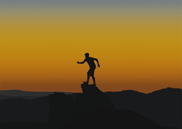 Silhouette D'une Personne Debout Sur Un Rocher Sur L'illustration Vectorielle De La Colline