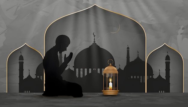 Silhouette d'une personne priant devant une mosquée pendant le Ramadan
