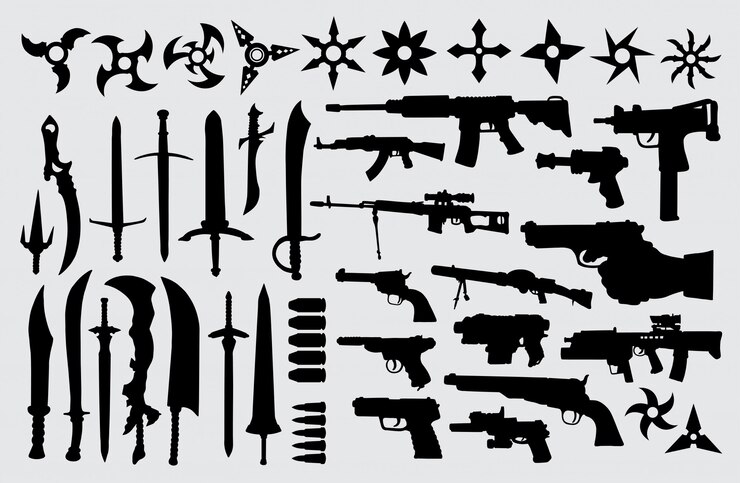 Vecteur silhouette de pistolet, pistolet, épée et couteau