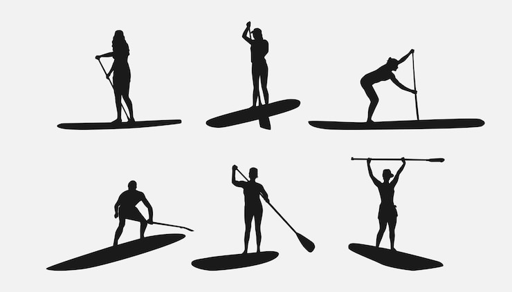 Vecteur silhouette d'une planche de sup stand up paddle isolée sur un fond blanc