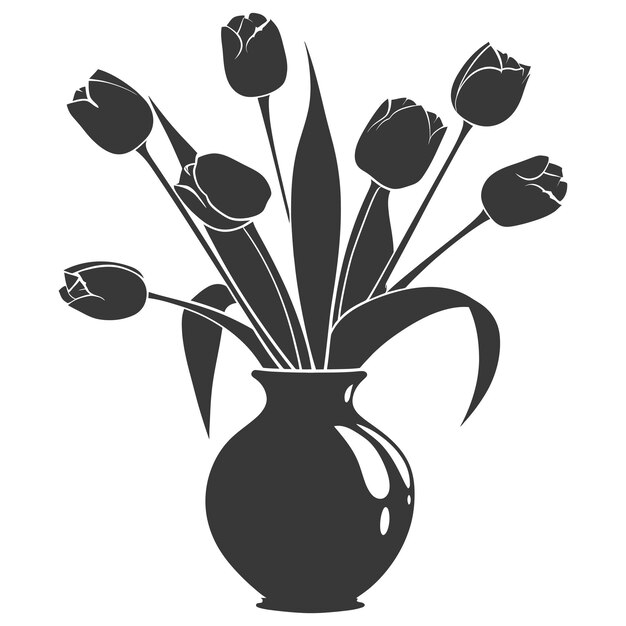 Vecteur silhouette de la plante de fleurs de tulipes dans le vase couleur noire seulement