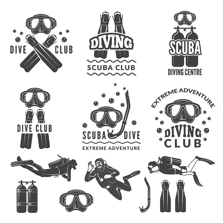 Vecteur silhouette de plongeurs et plongeurs. étiquettes pour club de sport de mer