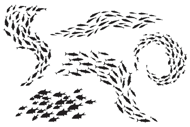 Silhouette de poisson d'école Groupe de bancs de mer petits poissons nagent en cercle bancs et bancs vie océanique écosystème sous-marin animaux marins profonds abondance de thon ensemble icônes noires soignées