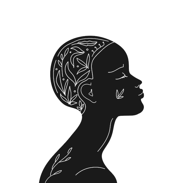 Silhouette de profil féminin avec ornement botanique en contour Illustration vectorielle