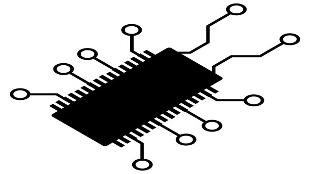 Silhouette d'une puce schématique isométrique simple ou d'un composant pour microcircuits isolé sur fond blanc Clipart technique