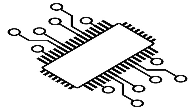 Silhouette d'une puce schématique isométrique simple ou d'un composant pour microcircuits isolé sur fond blanc Clipart technique