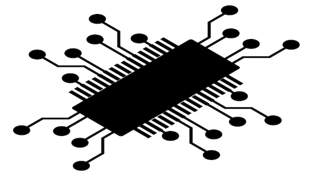 Silhouette d'une puce schématique isométrique simple ou d'un composant pour microcircuits isolé sur fond blanc Clipart technique