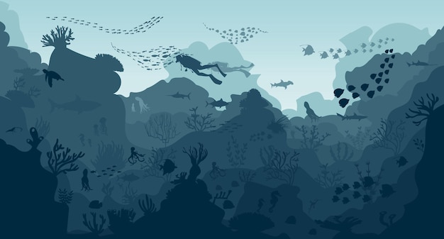 silhouette de récif corallien avec des poissons sur fond de mer bleue illustration vectorielle sous-marine