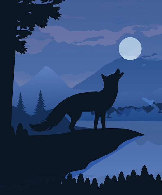 Silhouette de renard avec fond de lune bleue