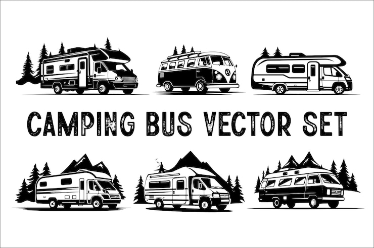 Vecteur silhouette de scène de camping sur un fond blanc illustration de silhouette de voiture de camping aventure de camping