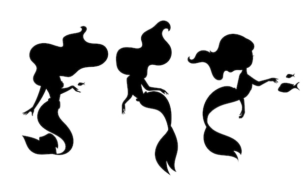 Silhouette d'une sirène dans différentes poses. Un personnage de conte de fées isolé sur fond blanc. Élément de design pour cartes et invitations pour enfants