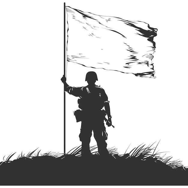 Silhouette Les soldats ou l'armée posent devant le drapeau blanc couleur noire seulement
