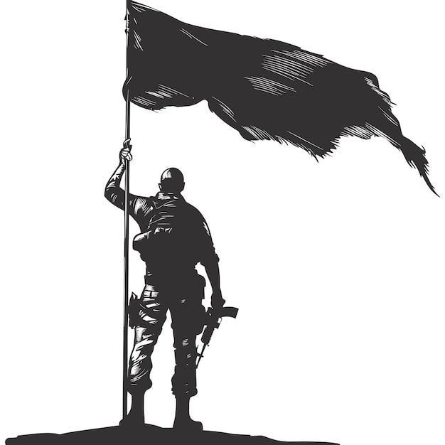 Silhouette Les soldats ou l'armée posent devant le drapeau noir couleur noire seulement