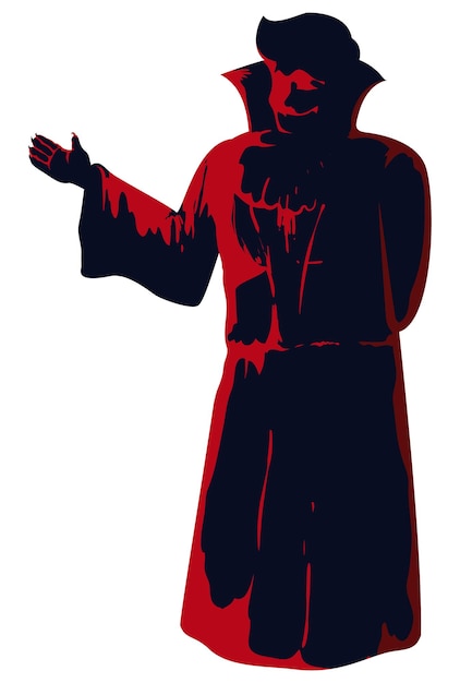 Silhouette sombre d'une créature vampire classique portant une tunique cape, un col à revers et des ongles pointus isolés