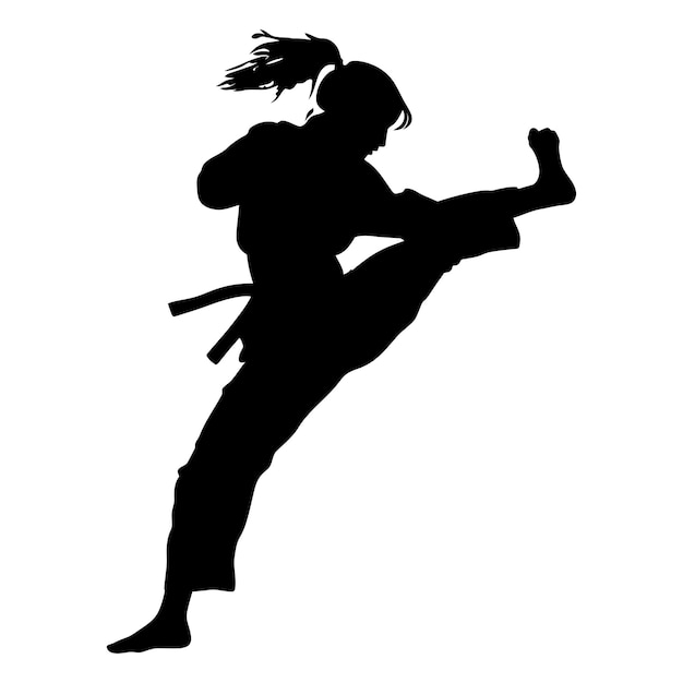 Vecteur silhouette tae kwon do ou karate femmes coup de pied tout le corps couleur noire seulement