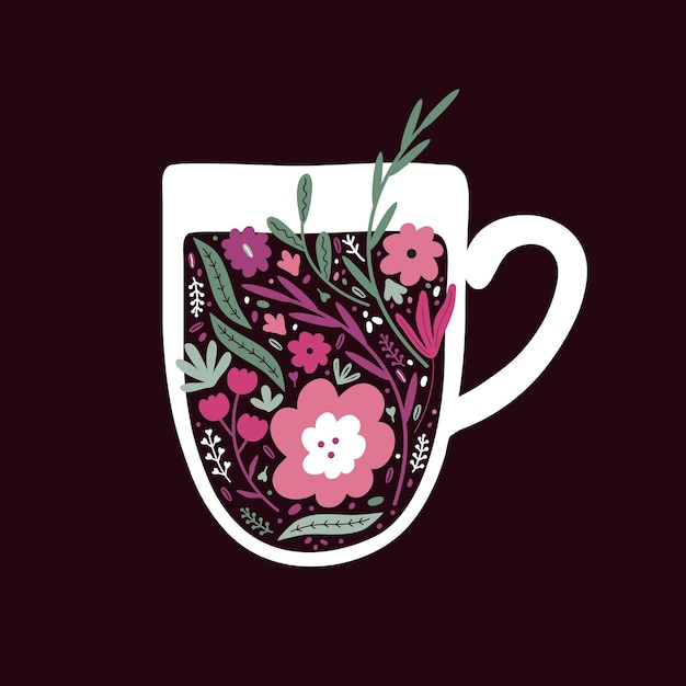 Silhouette Tasse De Tisane Avec Des Fleurs Sur Fond Sombre Illustration Dans Un Style Scandinave