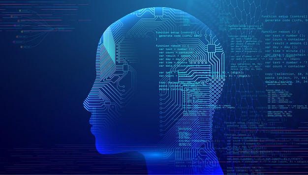 Silhouette d'une tête avec une carte de circuit imprimé sur un fond azur