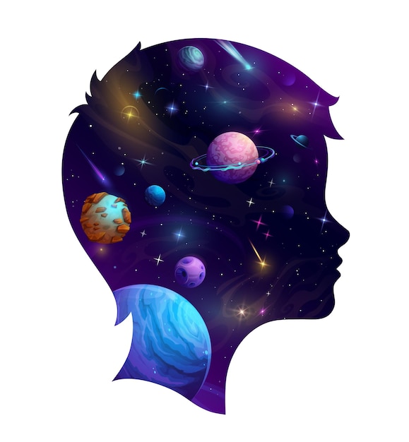 Silhouette de tête de garçon et espace de galaxie de dessin animé