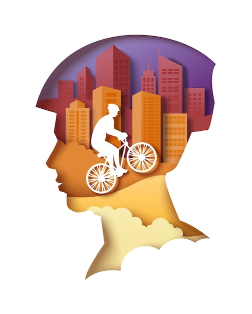 Silhouette De Tête D'homme Avec Des Bâtiments De La Ville Et Cycliste Vecteur Papier Découpé Illustration City Eco Tra...