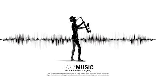 Silhouette Vecteur Du Saxophoniste Avec Icône De Note De Musique Fond D'égaliseur D'onde Sonore. Contexte Conceptuel Pour La Chanson Jazz Et Le Thème Du Concert.