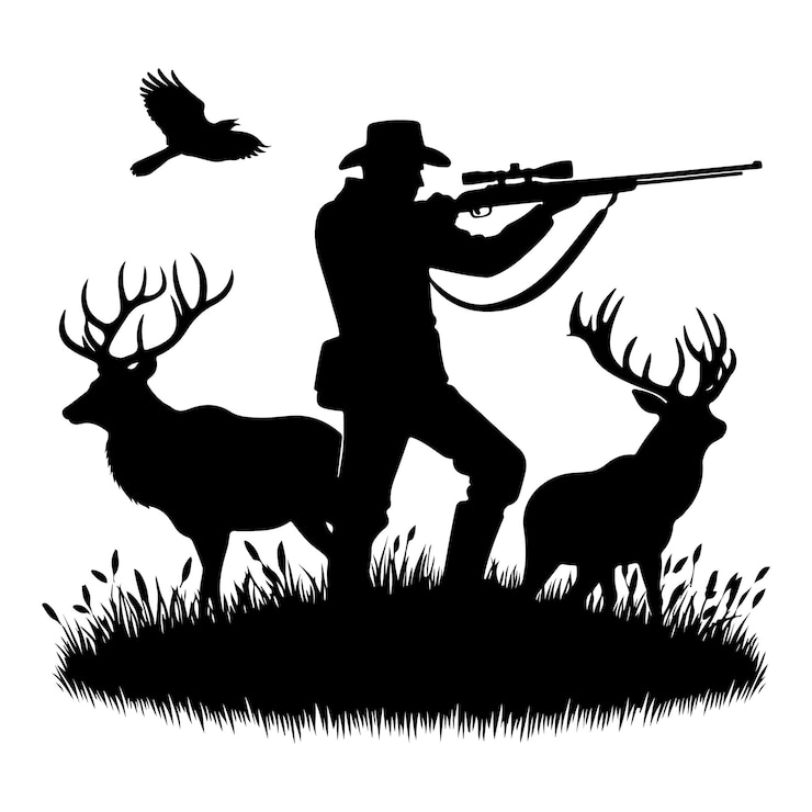 Vecteur silhouette vectorielle d'un chasseur à la chasse avec un pistolet symbole de la mort d'animaux