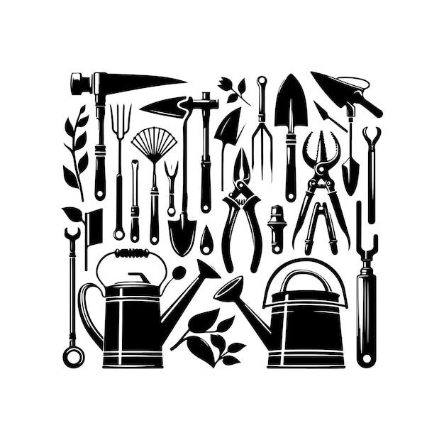 Vecteur silhouette vectorielle de la collection d'outils de jardinage