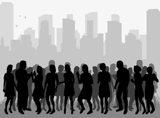 Vecteur silhouette vectorielle d'une foule de personnes dansant sur fond de ville