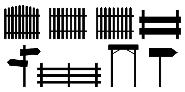 Silhouette vectorielle d'un poteau de signalisation et de clôtures Panneaux de signalisation et barrières noirs Activités et obstacles sur les routes plates