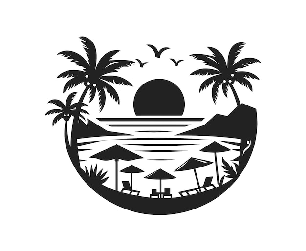Vecteur silhouette vectorielle de vacances à la plage silhouette de palmier sur la plage au bord de la mer pour les vacances d'été