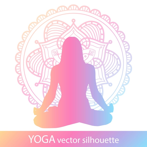 Silhouette vectorielle de yoga. Une jeune femme dégradée pratique le yoga et les étirements. Mandala de fleurs