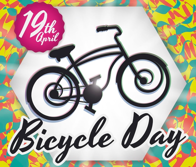 Silhouette de vélo rétro décentrée sur hexagone et fond coloré pour commémorer la Journée du vélo