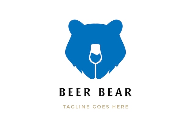 Silhouette de visage de tête d'ours bleu avec verre de liqueur de vin de bière pour le vecteur de conception de logo de brasserie de taverne de salon de bar