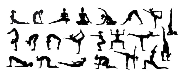 Silhouette De Yoga Setwoman Pratiquant Des Poses De Yoga Femme Entraînement Fitness Aérobie Et Exercices