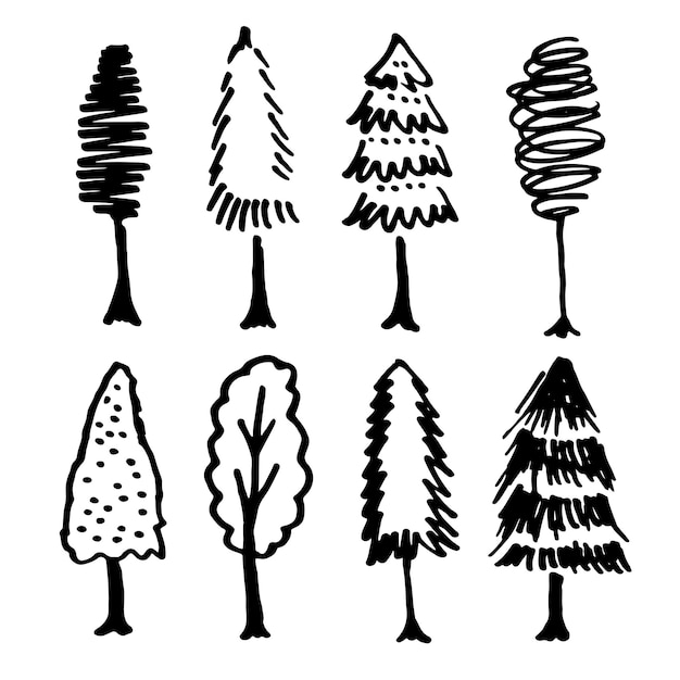 Les silhouettes abstraites de conifères de la forêt du parc Doodle décrivent des arbres dans un ensemble de collection de couleur noire.