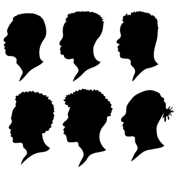 Vecteur silhouettes d'afro-américains un ensemble de silhouettes de profil pour hommes contour des cheveux illustration vectorielle