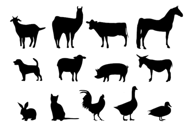 Silhouettes d'animaux de ferme sur fond blanc isolé. Illustration vectorielle.