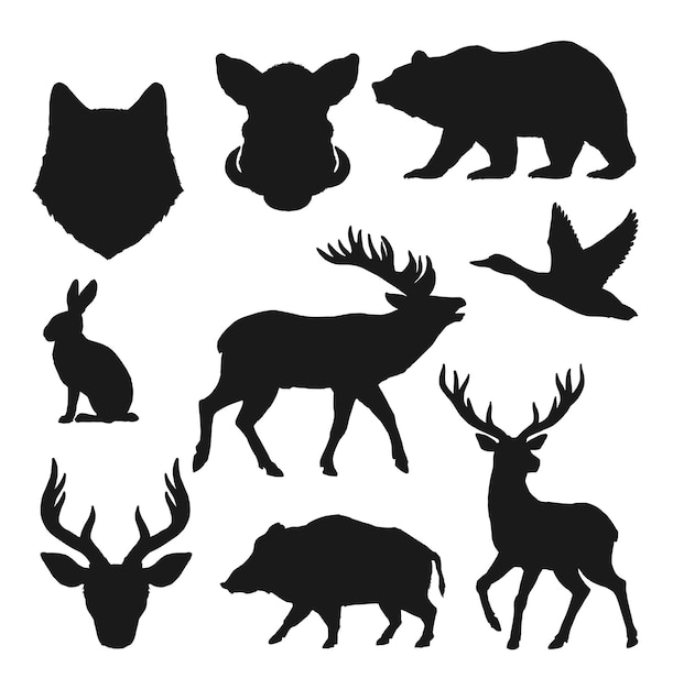 Vecteur silhouettes d'animaux icônes de chasse cerf ours sauvage