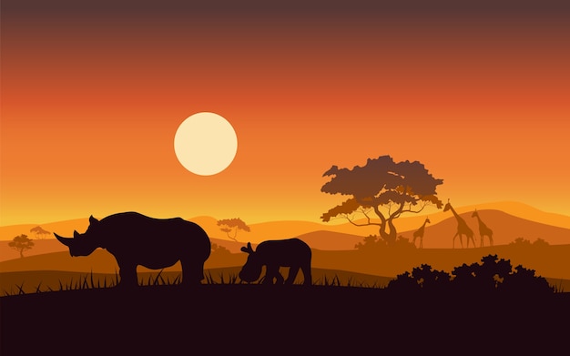 Silhouettes D'animaux De Safari Sauvage Coucher De Soleil Rhino Africaine