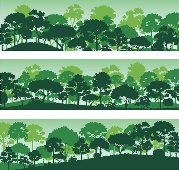 Vecteur silhouettes d'arbres forestiers, bannière de modèle de paysage forestier