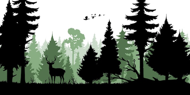 Silhouettes D'arbres Forestiers Chasse Au Cerf Et Au Canard