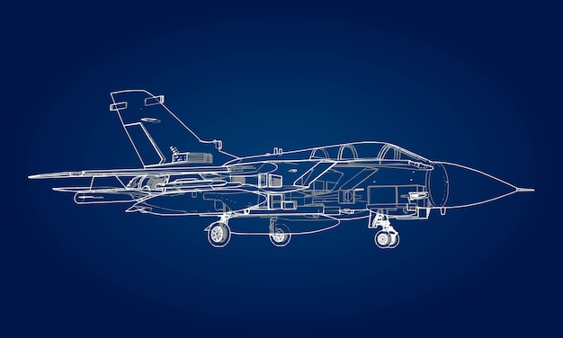 Silhouettes de chasseurs à réaction militaires. Image d'avion dans les lignes de dessin de contour. La structure interne de l'avion.