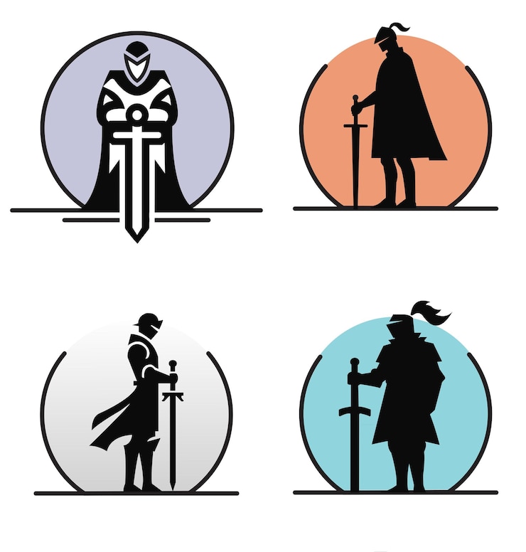 Vecteur silhouettes de chevaliers médiévaux avec des épées dans des cercles colorés