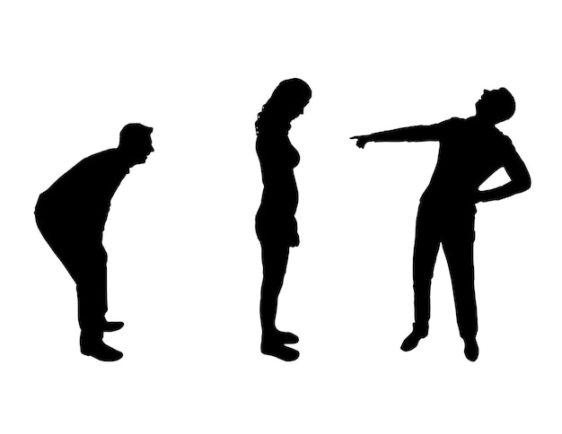 Les silhouettes de deux hommes rient et pointent du doigt la femme Le concept d'intimidation