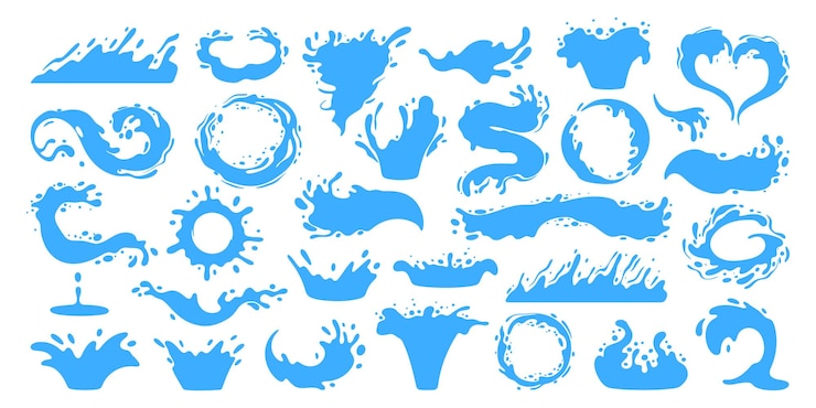 Vecteur des silhouettes d'éclaboussures d'eau de dessins animés des gouttes d'eau liquide bleue des coulées et des vagues d'eau fluide bleue